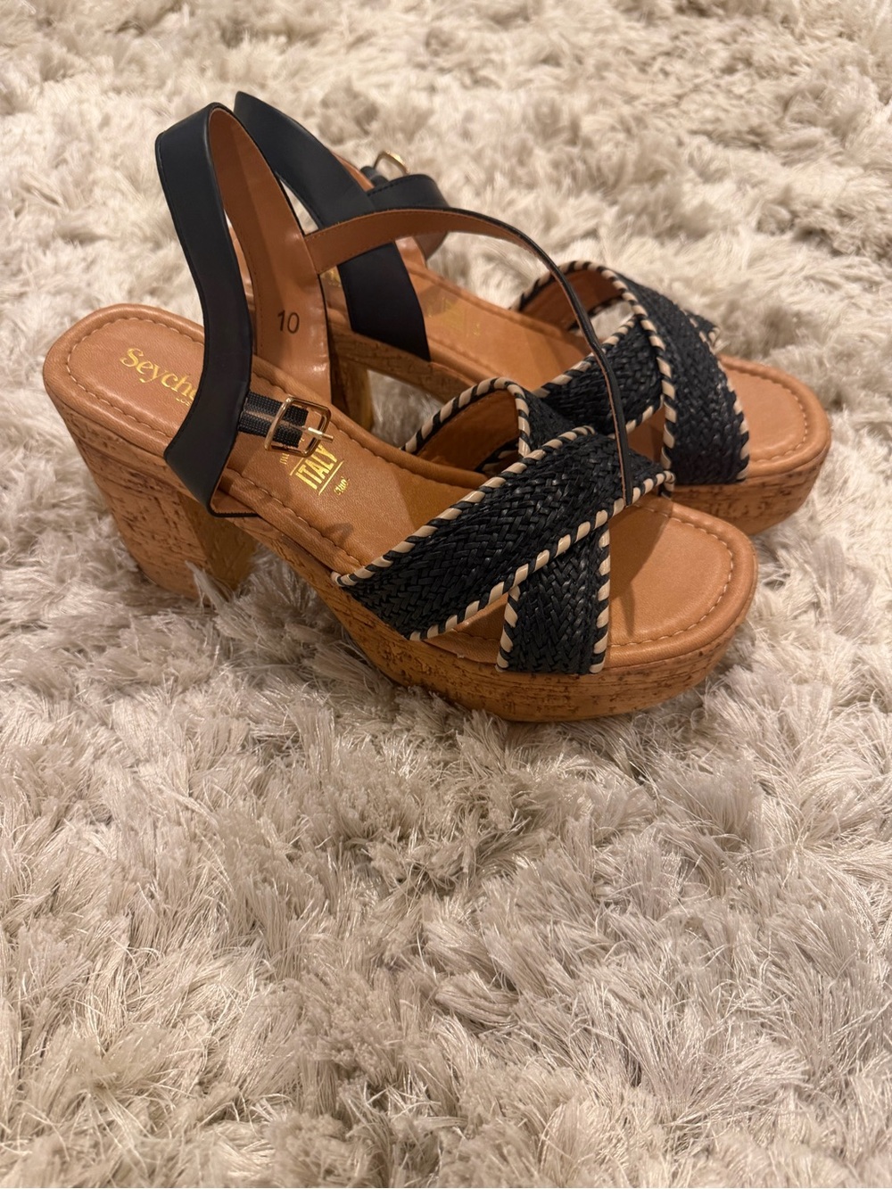 Seychelles Black Woven Cork Platform Wedges with Tan Footbed